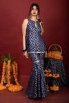 Shop_Monk & Mei By Sonia Anand_Blue Brocade, Organza Lace, Embroidery Round Floral Pattern Kurta Sharara Set _Online_at_Aza_Fashions