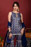 Buy_Monk & Mei By Sonia Anand_Blue Brocade, Organza Lace, Embroidery Round Floral Pattern Kurta Sharara Set 
