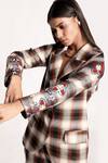 Shop_Kritika Murarka_Beige Cotton Wool Blend Plaid Pattern Embroidered Blazer Pant Set  _Online_at_Aza_Fashions