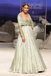 Tarun Tahiliani_Green Crinkle Tulle And Lace Fabric Embellishment Metallic Cape Style Gown _Online_at_Aza_Fashions