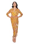 Soup By Sougat Paul Yellow Sequin Fabric V Neck Draped Floral Print Dress Online at Aza Fashions Soup By Sougat Paul_Yellow Sequin Fabric V Neck Draped Floral Print Dress _Online_at_Aza_Fashions