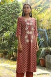 Shop_Rekha Agra_Brown Cotton Slub Round Printed Kurta And Pant Set _at_Aza_Fashions