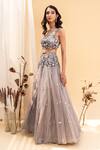 Shop_Silky Bindra_Grey Shantoon, Tulle Net Sweetheart Neck Embellished Lehenga Set _at_Aza_Fashions