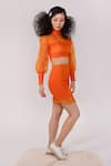 Surendri_Orange Nylon High Neck Smocked Top And Skirt Set _Online_at_Aza_Fashions