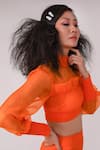 Surendri_Orange Nylon High Neck Smocked Top And Skirt Set _at_Aza_Fashions