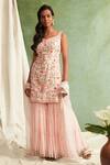 Buy_Priyanka Jain_Pink Dupatta Organza Georgette V Neck Embroidered Kurta Sharara Set _at_Aza_Fashions