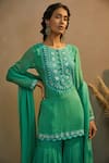 Buy_Aneesh Agarwaal_Green Georgette Block Print, Mirror And Thread Round Kurta Sharara Set _Online_at_Aza_Fashions