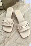 Buy_Modanta Footwear_Cream Diamonds, Pearls Embellished Block Heels _at_Aza_Fashions