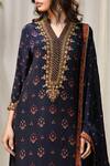 RI.Ritu Kumar_Blue Rayon Crepe Mandarin Collar Embroidered Kurta Palazzo Set _at_Aza_Fashions