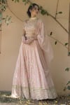 Buy_Astha Narang_Pink Main Material Netlining Semi Crepe Leaf Neck Embellished Lehenga Set _at_Aza_Fashions