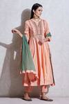 Buy_Ritu Kumar_Peach Cotton Band Collar Embroidered Anarkali Set _Online_at_Aza_Fashions