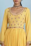 Shop_Aarke Ritu Kumar_Yellow Rayon Slub Embroidered Floral Scoop Neck Anarkali Set _Online_at_Aza_Fashions