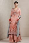 Buy_Ritu Kumar_Peach Viscose V Neck Floral Print Kurta Sharara Set _at_Aza_Fashions