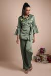 Shop_Mehak Murpana_Green Stretch Suiting Embroidery Collared Neck Embellished Shirt _at_Aza_Fashions