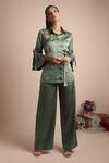 Mehak Murpana_Green Stretch Suiting Embroidery Collared Neck Embellished Shirt _Online_at_Aza_Fashions