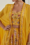 Shop_Label Nitisha_Yellow Georgette Printed Floral Pattern Bustier Lehenga Set With Cape _Online_at_Aza_Fashions