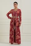 Label Nitisha_Red Georgette Printed Floral Pattern Blouse Scoop Jacket Gharara Set _Online_at_Aza_Fashions