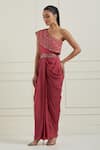 Buy_Label Nitisha_Pink Satin Embroidered Sequins One Shoulder Saree Gown _Online_at_Aza_Fashions