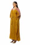 Buy_Khat_Yellow Chanderi Silk, Poplin Tassels V-neck Pintuck Kaftan And Flared Pant Set _Online_at_Aza_Fashions