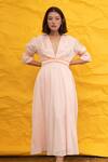 Buy_Suman Nathwani_Peach Cotton Muslin Silk Blend Embroidered Midi Dress_at_Aza_Fashions