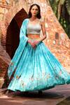 Buy_Tarini Vij_Blue Georgette Pearls, Surai Beads, Toucan Studded Blouse And Lehenga Set _Online_at_Aza_Fashions