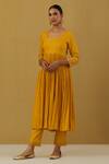 Buy_Ikshita Choudhary_Yellow Cheese Cotton Embroidered Round Full Sleeve Anarkali And Pant Set_at_Aza_Fashions