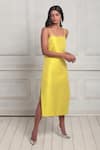 Buy_Couche_Yellow Tussord Tweed Woven Plain Square Neck Midi Slit Dress  _Online_at_Aza_Fashions