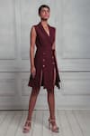 Buy_Couche_Maroon Double Crepe Lana Stretch Woven Plain Shirt Collar Slit Dress  _Online_at_Aza_Fashions