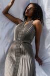 Buy_Zwaan_Grey Organza, Satin Beads V-neck Pleated Gown_Online_at_Aza_Fashions