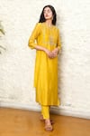 Buy_Tatwa_Yellow Handloom Cotton, Viscose Embroidery Round Neck Yoke Kurta And Pant Set _Online_at_Aza_Fashions