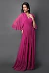 Buy_Swatee Singh_Magenta Georgette V-neck Pleated Hem Kaftan Sleeve Gown _Online_at_Aza_Fashions
