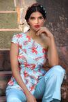 Buy_Tarini Vij_Blue Natural Crepe Tropicana One Shoulder Printed Peplum Top And Pant Set _Online_at_Aza_Fashions