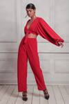 Buy_Couche_Red Punto Woven Plain V Neck Crop Top And High Waisted Pant Set  _Online_at_Aza_Fashions