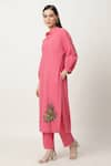 Buy_Musal_Pink Cotton Linen Embroidery Dhansa Work Mandarin Collar Milady Kurta Pant Set _Online_at_Aza_Fashions