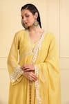 Shop_Neha Khullar_Yellow Chanderi Silk And Mulmul Embroidery Thread & Zari Cuff Kurta Set  _at_Aza_Fashions