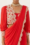 Shop_Nidhika Shekhar_Red Silk Embroidery V Neck Fish Cut Pre-draped Saree With Blouse _Online_at_Aza_Fashions