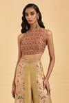 Buy_Aum By Asit And Ashima_Beige Silk Hand Embroidered Thread Halter Floral Panelled Sharara And Blouse Set _Online_at_Aza_Fashions