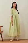 Buy_THE INDIAN CAUSE_Green Cotton Embroidery Sequin V Neck Markab Sleeve Anarkali And Palazzo Set _Online_at_Aza_Fashions