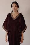 Buy_Shrutkirti_Purple Silk Velvet Embroidery Pipe V Neck Kaftan _Online_at_Aza_Fashions