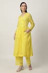 Buy_Musal_Yellow Cotton Linen Embroidery Heart Motifs V Kalie Angarkha Kurta Pant Set _Online_at_Aza_Fashions