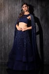 Buy_Shilpi Gupta_Blue Net Embroidered Glass Beads Cape Sleeved Blouse And Lehenga Set _Online_at_Aza_Fashions