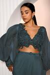 Buy_Jade By Ashima_Blue Organza, Crepe Embroidery, Tassels, Floral Blouse And Draped Skirt Set _Online_at_Aza_Fashions