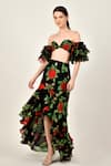 Shop_SANAM_Black Silk Chiffon Floral One Shoulder Rosamund Pattern Top And Skirt Set_Online_at_Aza_Fashions