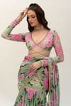 Shop_SANAM_Green Silk Chiffon Floral Bloom Pre-stiched Saree With Cut-out Blouse_Online_at_Aza_Fashions