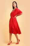 Buy_LABEL IVISH_Red Pure Silk Charmeuse Satin Plain Batwing Sleeve Gathered Dress  _Online_at_Aza_Fashions