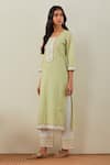 Buy_The Indian Cause_Green Cotton Embroidery, Sequins Round Neck Rozana Placket Straight Kurta _Online_at_Aza_Fashions