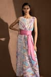 Buy_Abhishek Sharma_Multi Color Poly Georgette Printed Geometric Boat Maxi Dress With Belt  _Online_at_Aza_Fashions