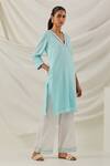Buy_The Indian Cause_Blue Cotton Piping V-neck Solid Straight Kurta_Online_at_Aza_Fashions