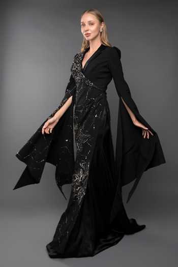 Black georgette hand embroidered blazer set