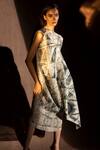 Buy_Abhishek Sharma_White Poly Georgette Printed Geometric Asymmetric Overlap Draped Dress  _Online_at_Aza_Fashions
